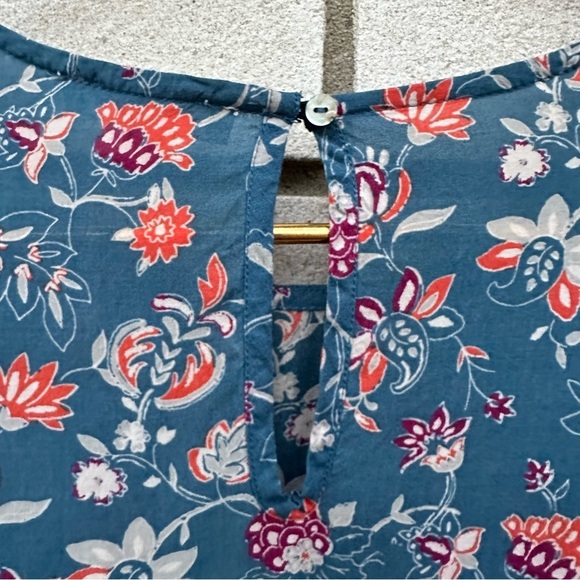 Beach Lunch Lounge Blue Boho Floral Bell Sleeve Peasant Top Block Print Rayon - Picture 6 of 9